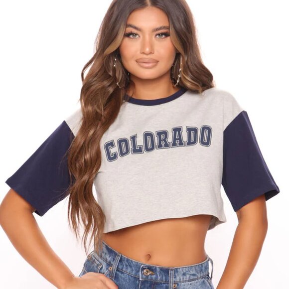 NWT Fashion Nova Colorado Graphic Crop Top | Navy Combo | Large - Picture 1 of 3